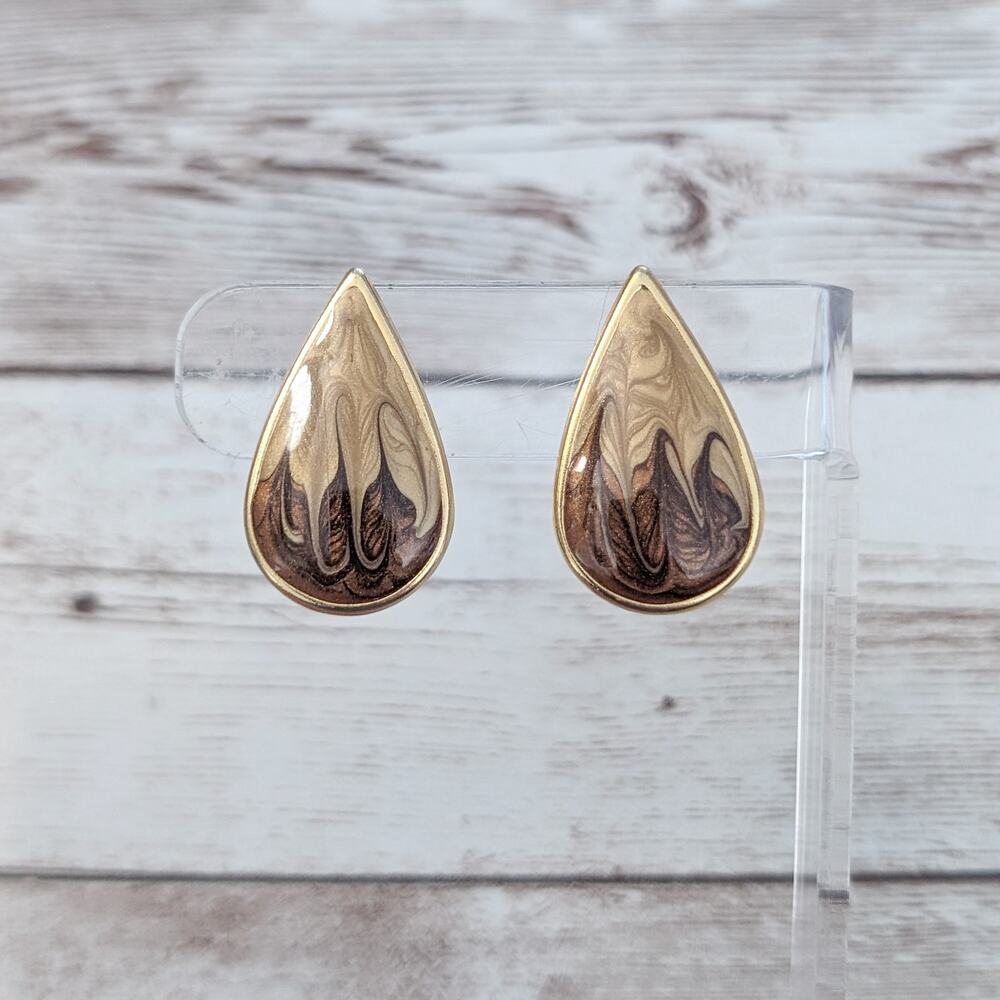 Vintage Clip On Earrings Fancy Tan & Brown Tone Teardrop Shape Statement